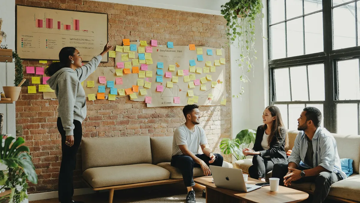 A team turning ideas into an actionable plan on a sticky-note wall